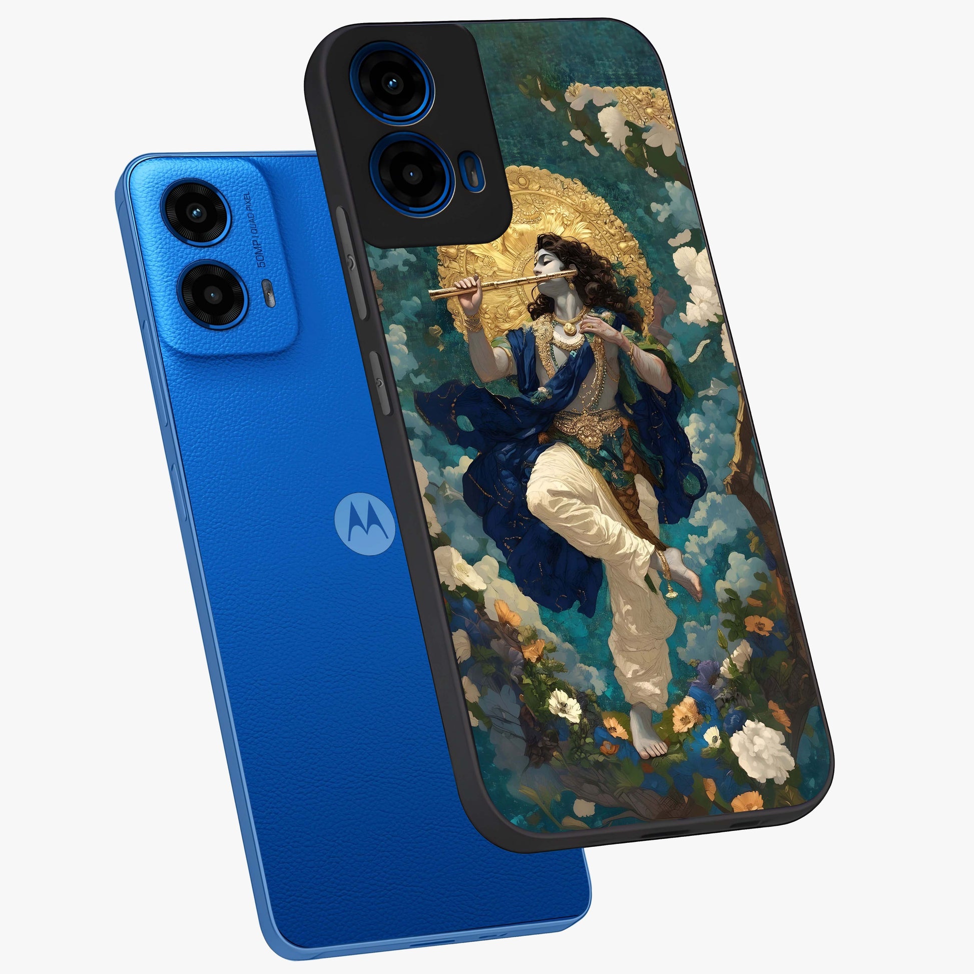 Divine Krishna Art Glass Case displayed in angled mockup highlighting spiritual Krishna illustration with devotional aesthetic.