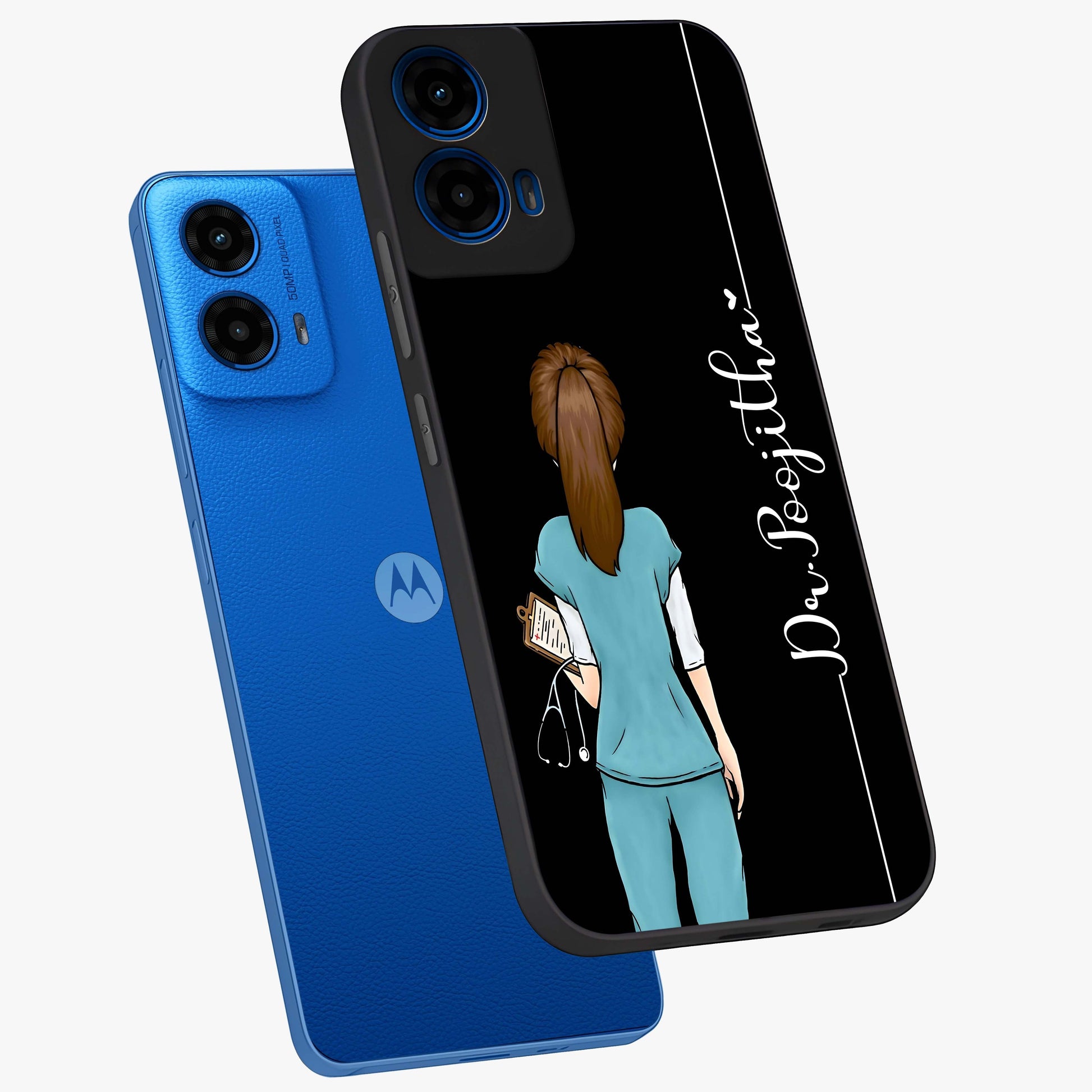 Doctor Pattern Custom Name Glass Case displayed in angled mockup highlighting doctor inspired artwork with custom name feature.