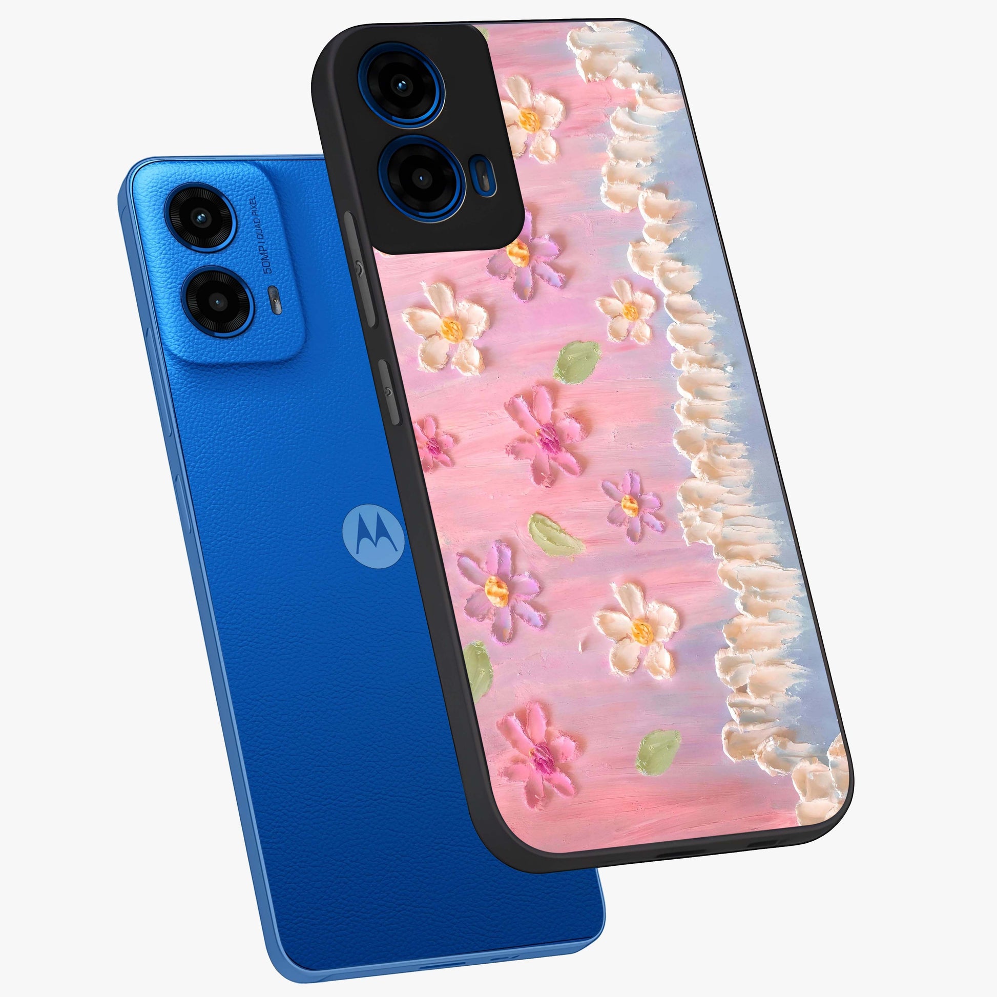Dreamy Painted Garden Glass Case displayed in angled mockup highlighting colorful garden illustration with dreamy aesthetic style.
