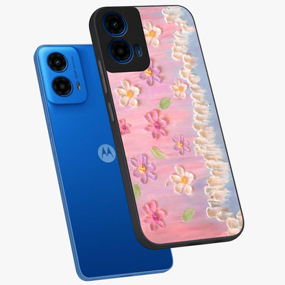 Dreamy Painted Garden Glass Case displayed in angled mockup highlighting colorful garden illustration with dreamy aesthetic style.