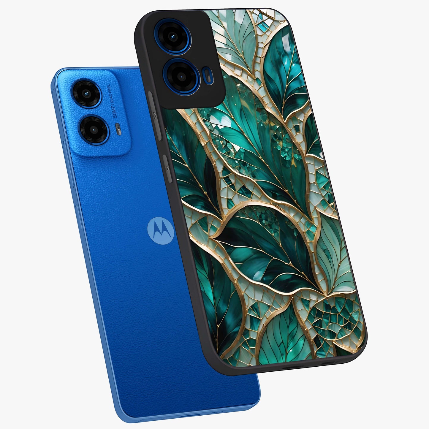 Emerald Leaf Glass Glass Case displayed in angled mockup highlighting botanical leaf illustration with elegant natural aesthetic.