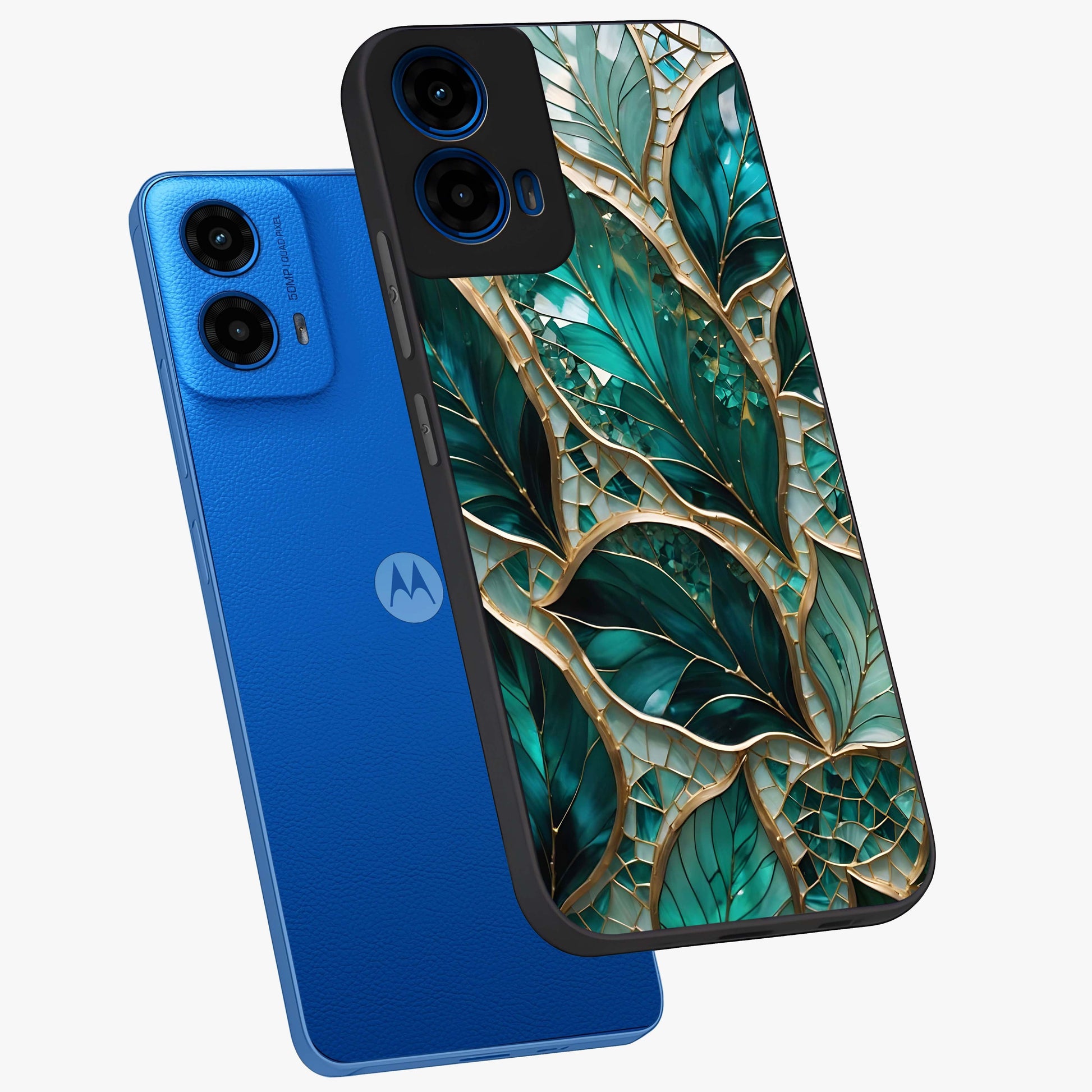 Emerald Leaf Glass Glass Case displayed in angled mockup highlighting botanical leaf illustration with elegant natural aesthetic.