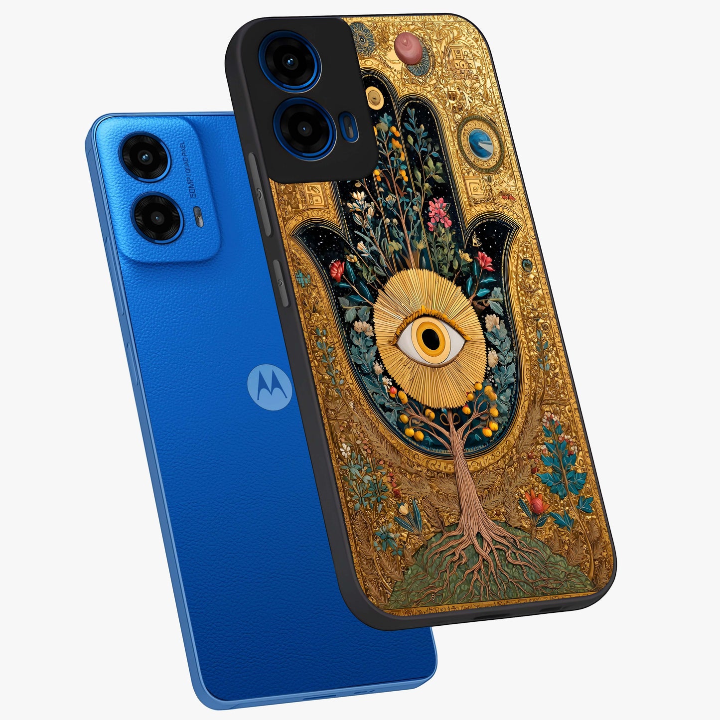 Ethereal Evil Eye Glass Case displayed in angled mockup highlighting protective evil eye symbol with spiritual aesthetic design.