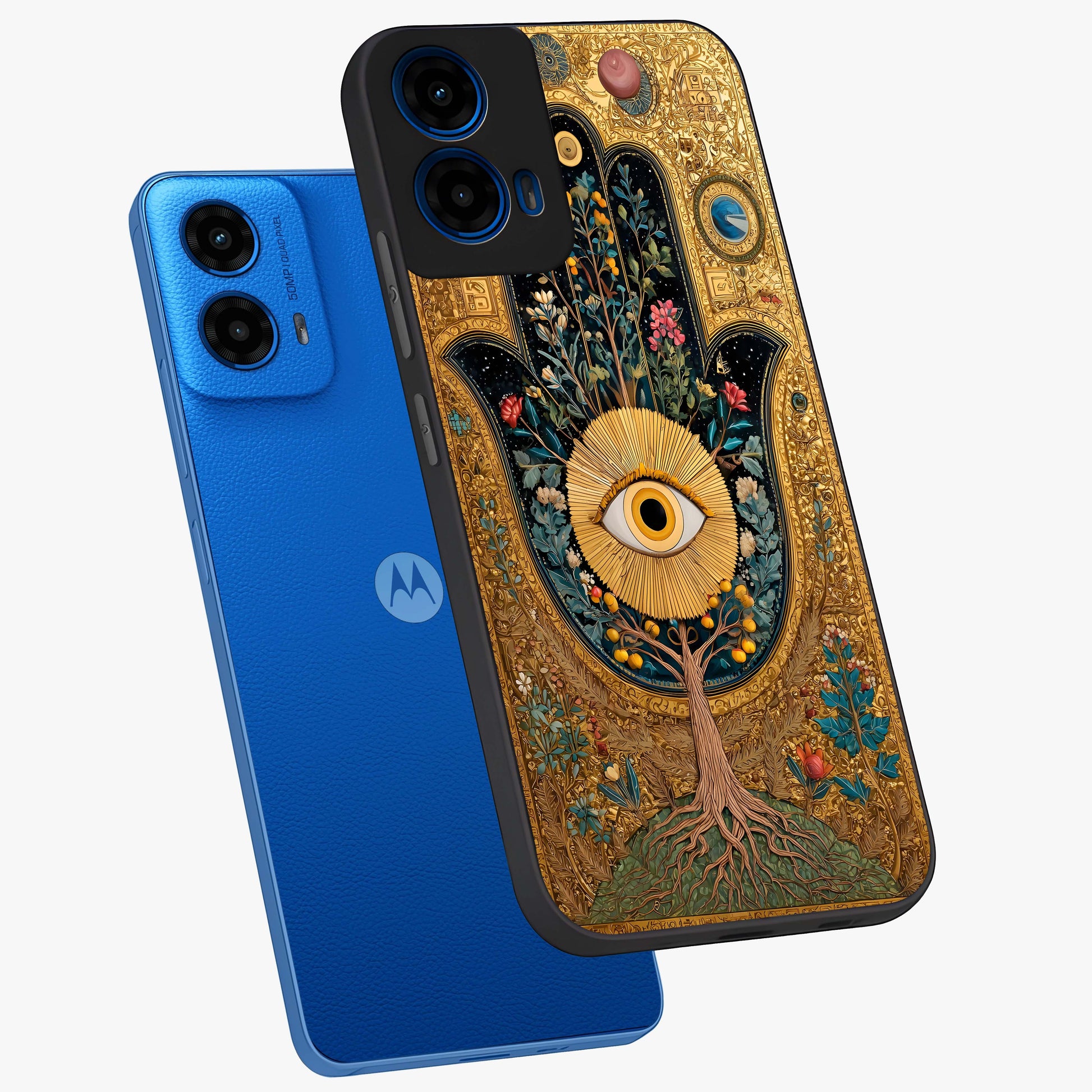 Ethereal Evil Eye Glass Case displayed in angled mockup highlighting protective evil eye symbol with spiritual aesthetic design.
