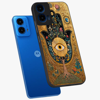 Ethereal Evil Eye Glass Case displayed in angled mockup highlighting protective evil eye symbol with spiritual aesthetic design.