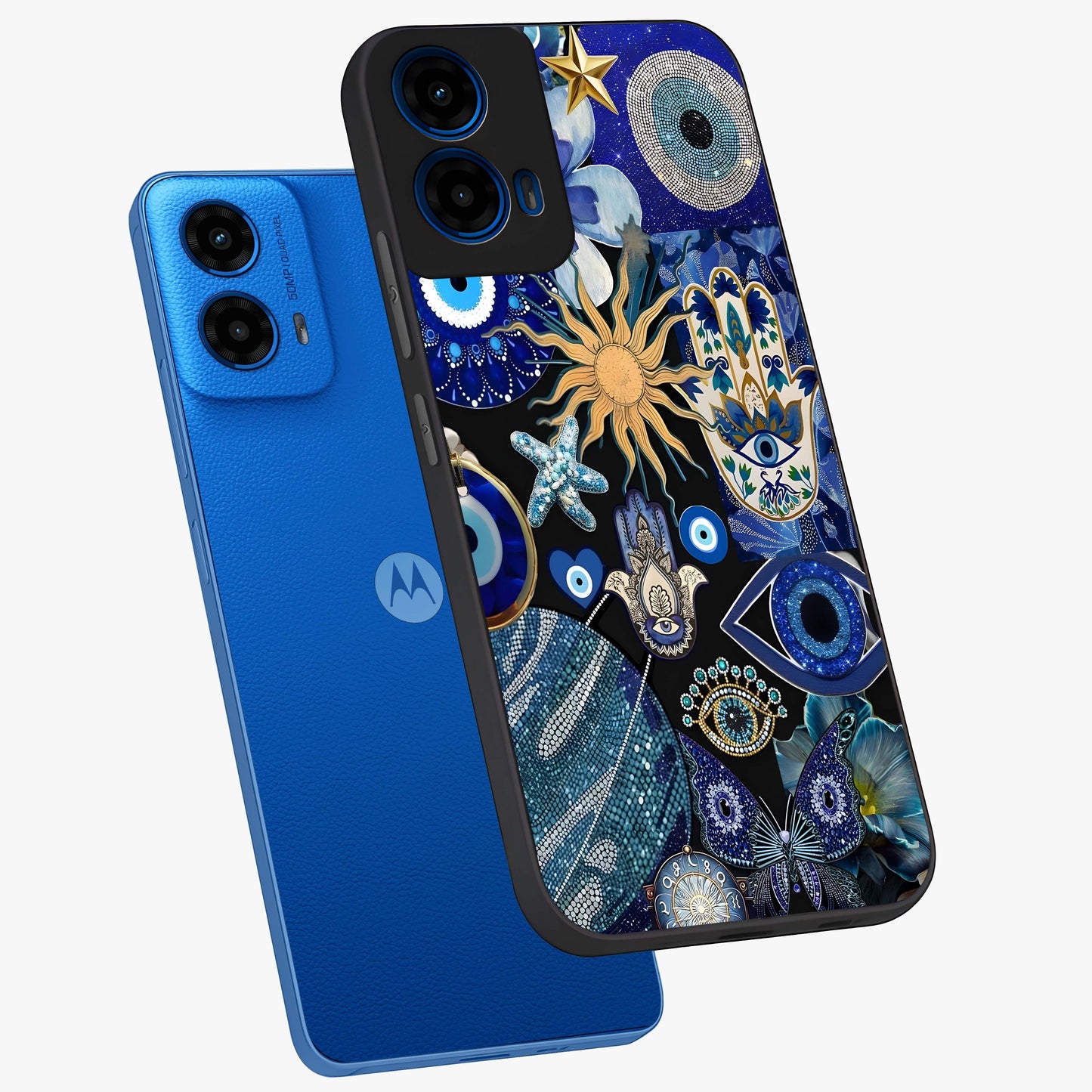 Evil Eye Charm Mix Glass Case displayed in angled mockup highlighting protective evil eye symbols with spiritual aesthetic design.