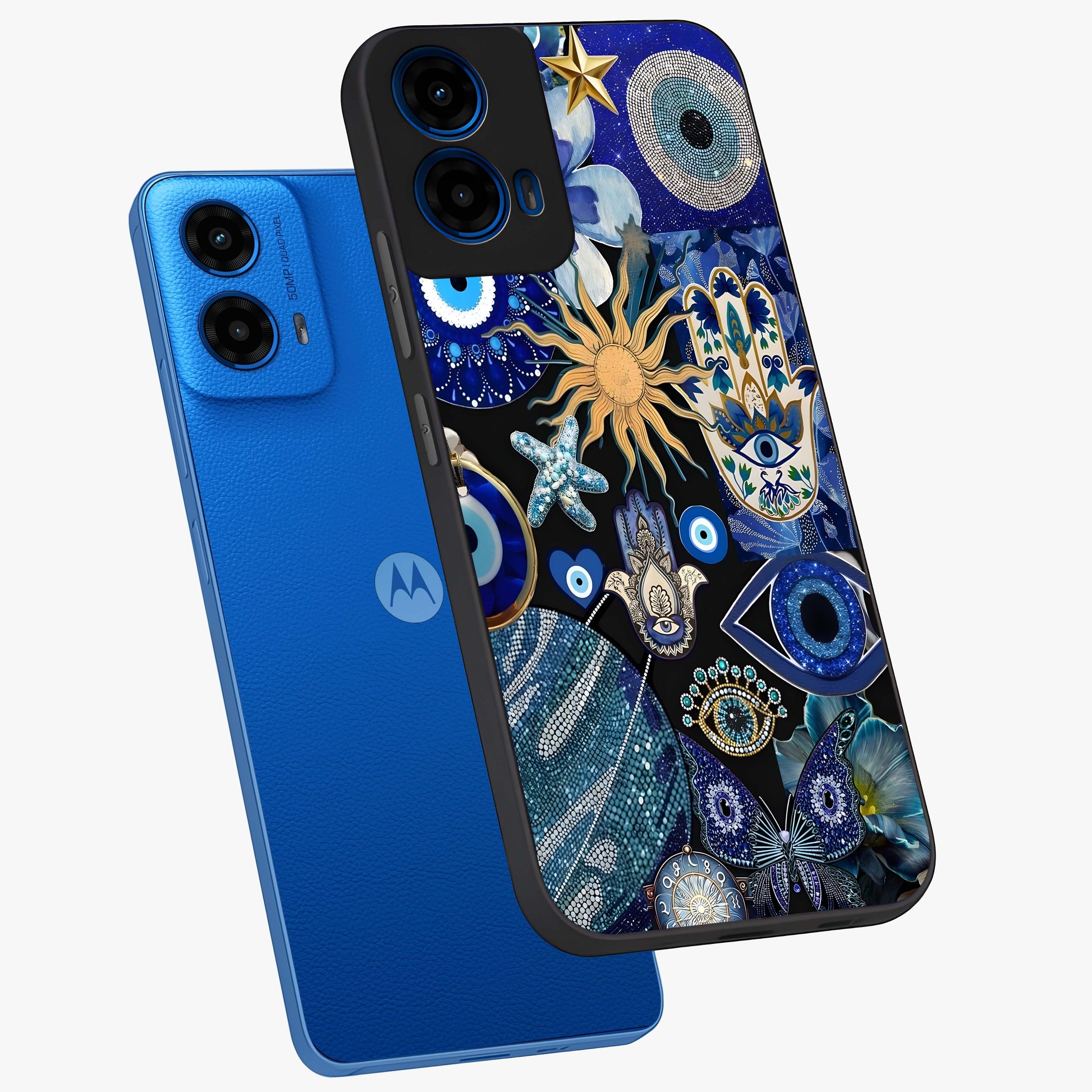 Evil Eye Charm Mix Glass Case displayed in angled mockup highlighting protective evil eye symbols with spiritual aesthetic design.