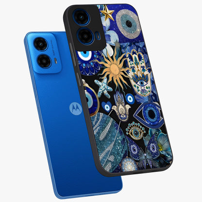 Evil Eye Charm Mix Glass Case displayed in angled mockup highlighting protective evil eye symbols with spiritual aesthetic design.