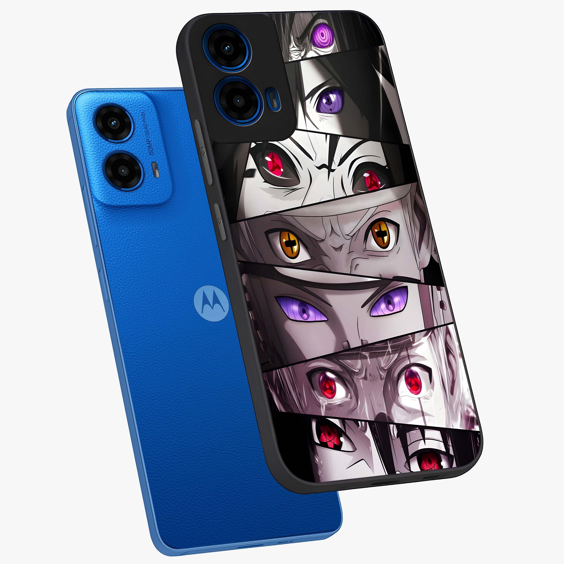 Eyes of Destiny Glass Case displayed in angled mockup highlighting bold eye illustration with mystical aesthetic style.