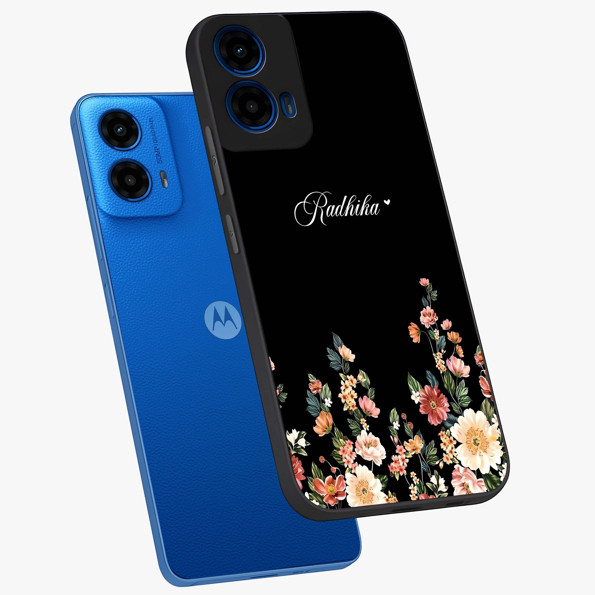 Floral Design With a Custom Personalized Name Glass Case displayed in angled mockup highlighting elegant floral pattern with custom name feature.