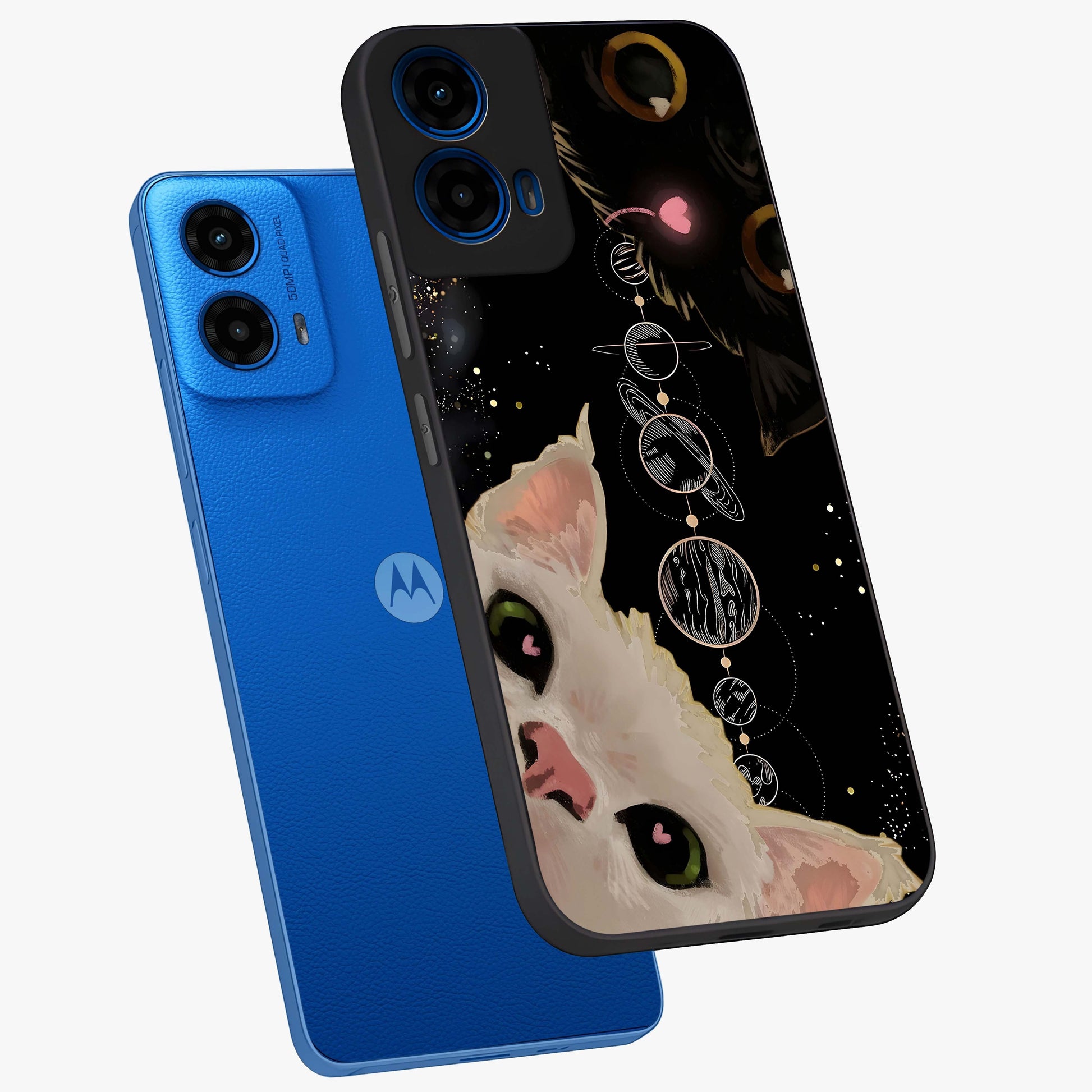 Galactic Cat Glass Case displayed in angled mockup highlighting celestial feline illustration with galaxy aesthetic style.