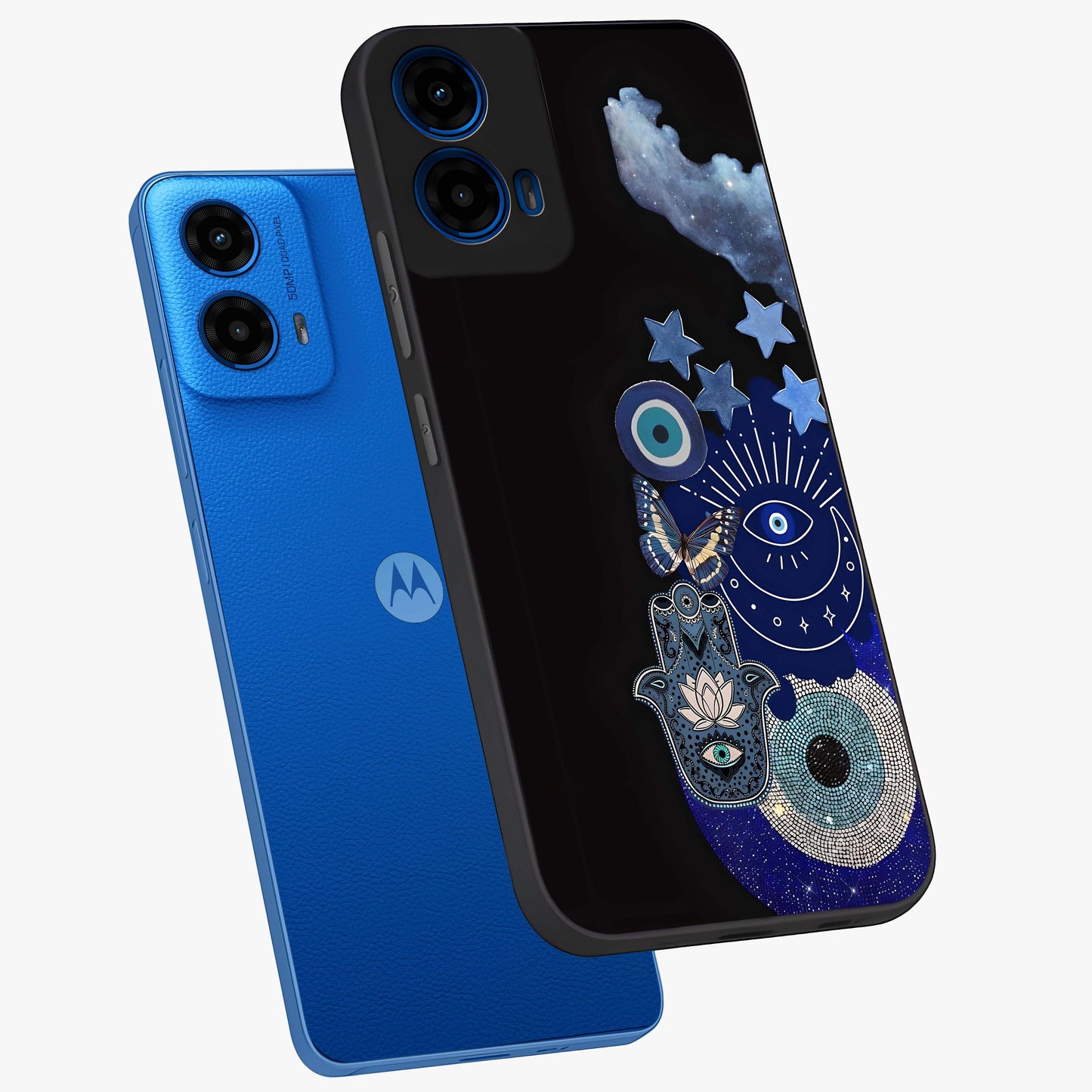 Galactic Charm Cluster Glass Case displayed in angled mockup highlighting luminous galaxy inspired design with dreamy aesthetic.