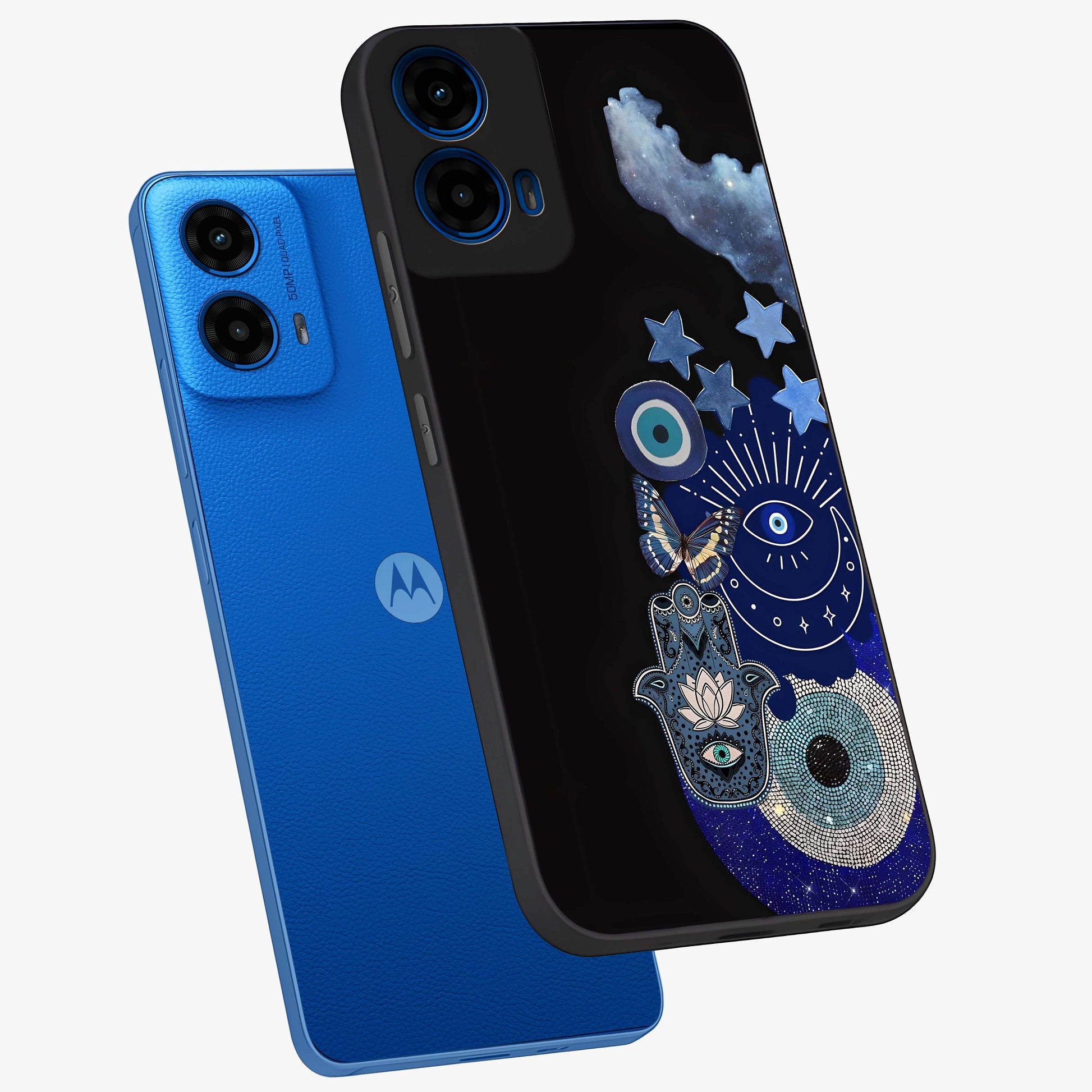 Galactic Charm Cluster Glass Case displayed in angled mockup highlighting luminous galaxy inspired design with dreamy aesthetic.