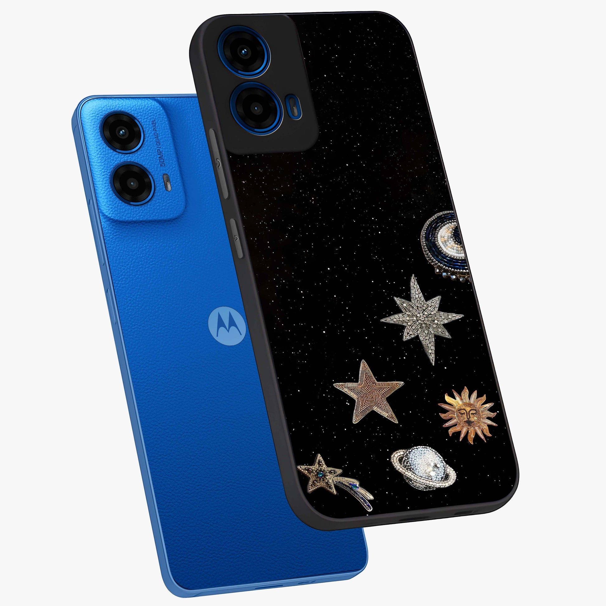 Galactic Charm Glow Glass Case displayed in angled mockup highlighting luminous galaxy inspired design with dreamy aesthetic.