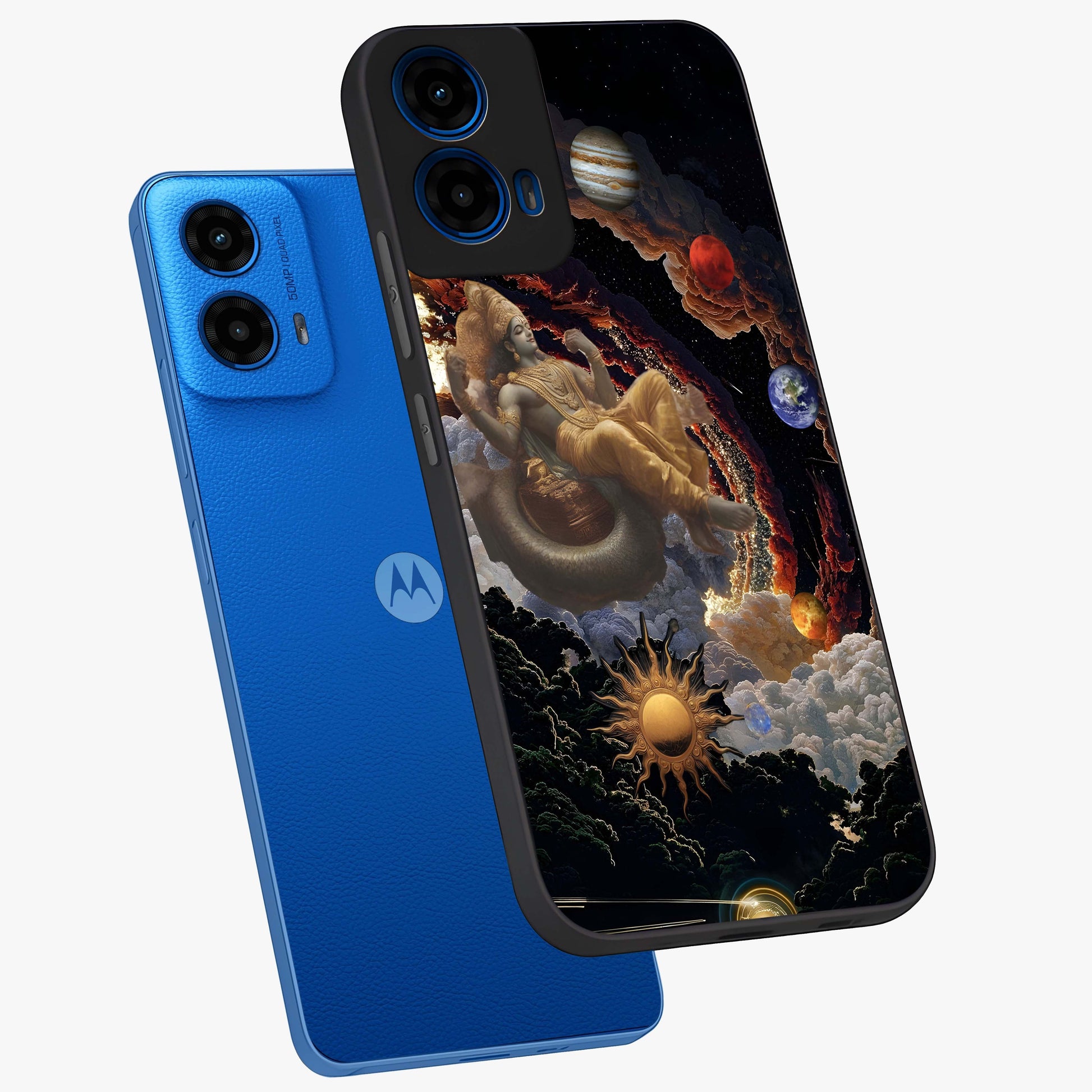 Galactic Divine God Glass Case displayed in angled mockup highlighting powerful celestial deity illustration with galactic aesthetic.