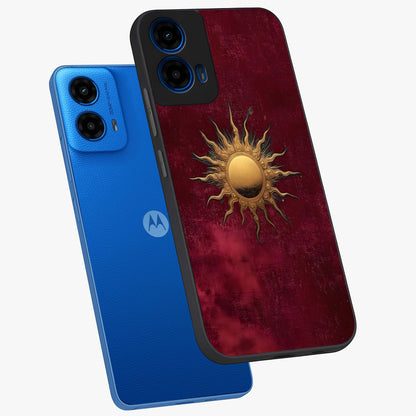 Golden Sun Minimalism Glass Case displayed in angled mockup highlighting clean sun symbol design with modern minimal aesthetic.