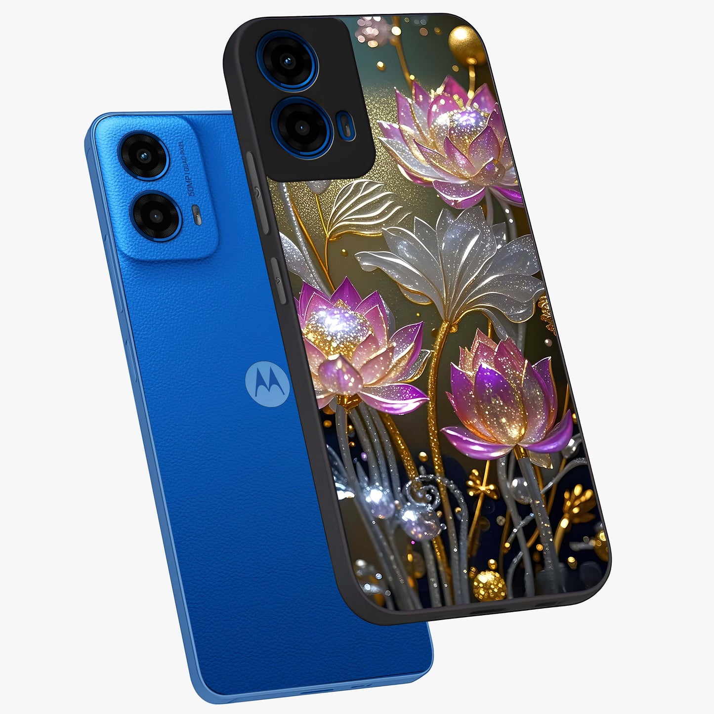 Golden Floral Majesty Glass Case displayed in angled mockup highlighting elegant flower design with royal golden aesthetic.