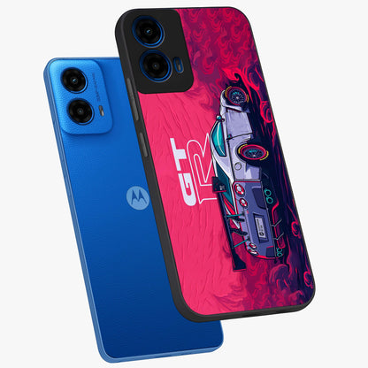 GT-R Car Pattern Glass Case displayed in angled mockup highlighting racing car graphic design with bold automotive aesthetic.