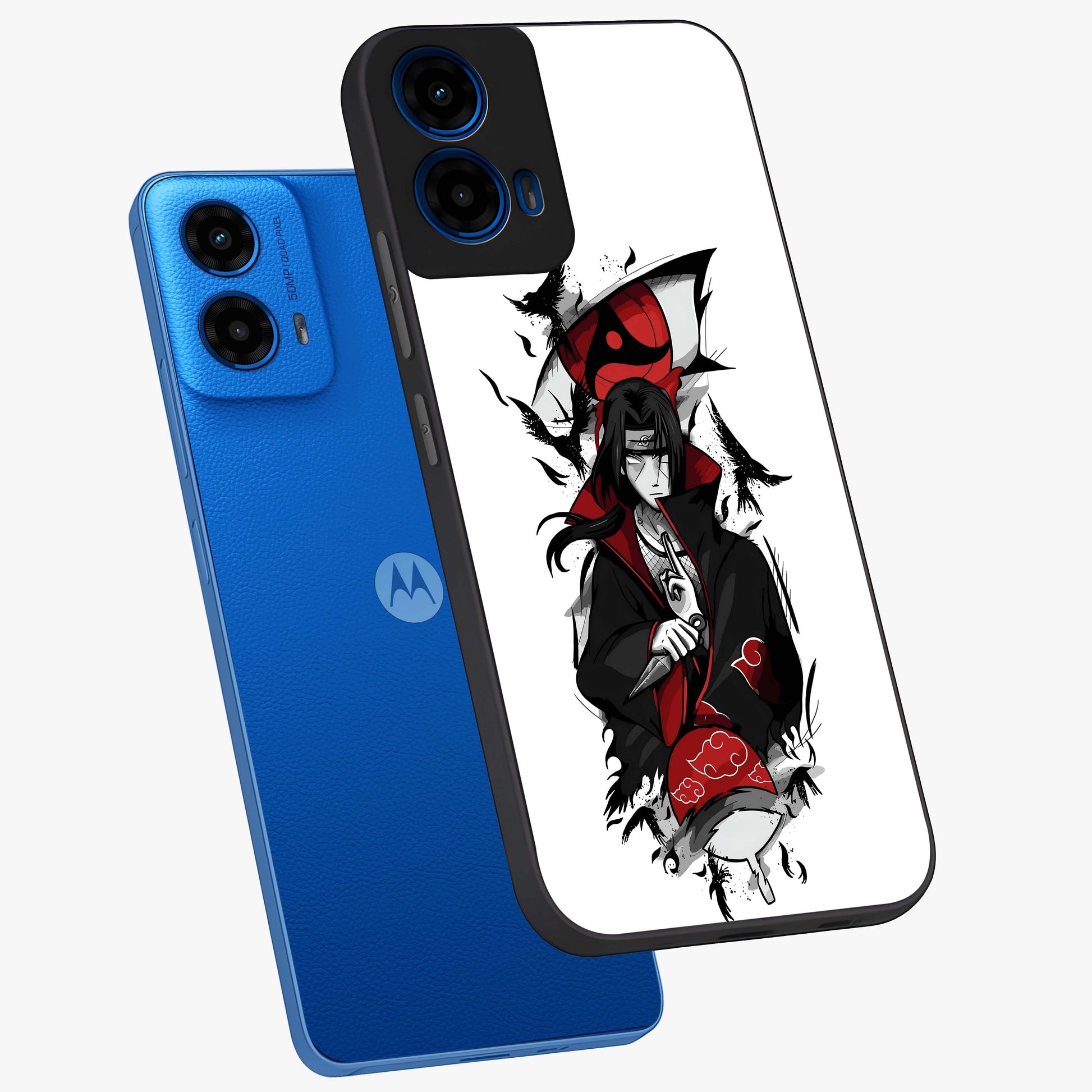 Itachi Limited Edition Naruto Anime Glass Case displayed in angled mockup highlighting dramatic anime illustration with bold action aesthetic.