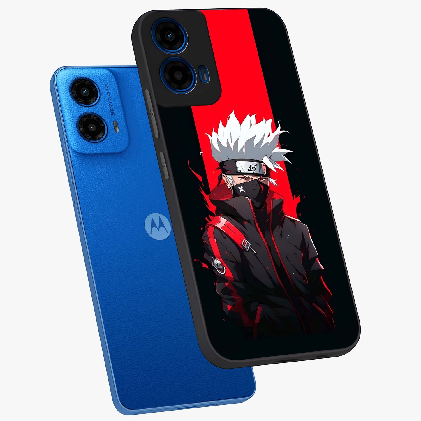 Kakashi Scarlet Shadow Glass Case displayed in angled mockup highlighting dramatic ninja illustration with scarlet themed aesthetic.
