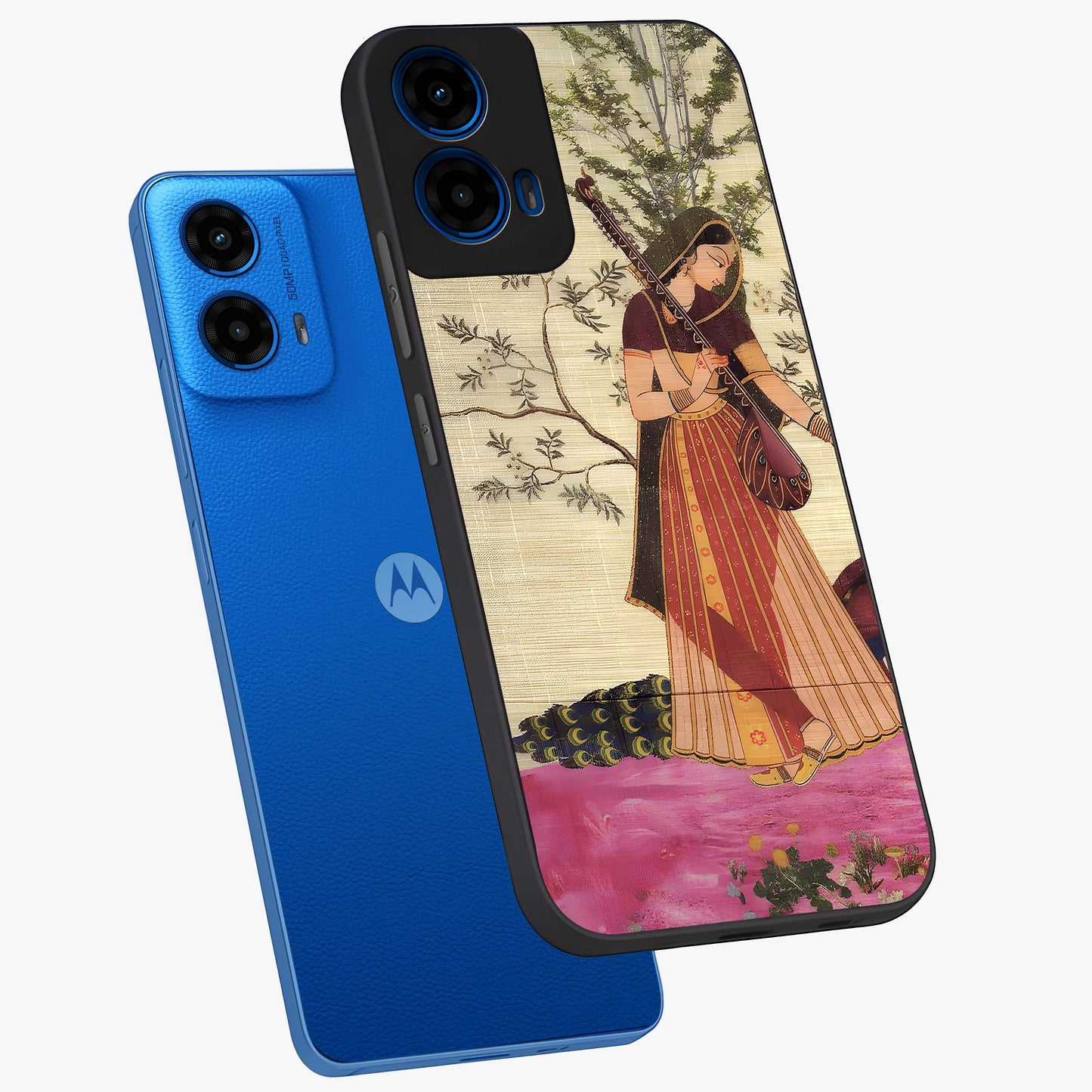 Lady With Veena Art Glass Case displayed in angled mockup highlighting graceful musical illustration with cultural artistic aesthetic.