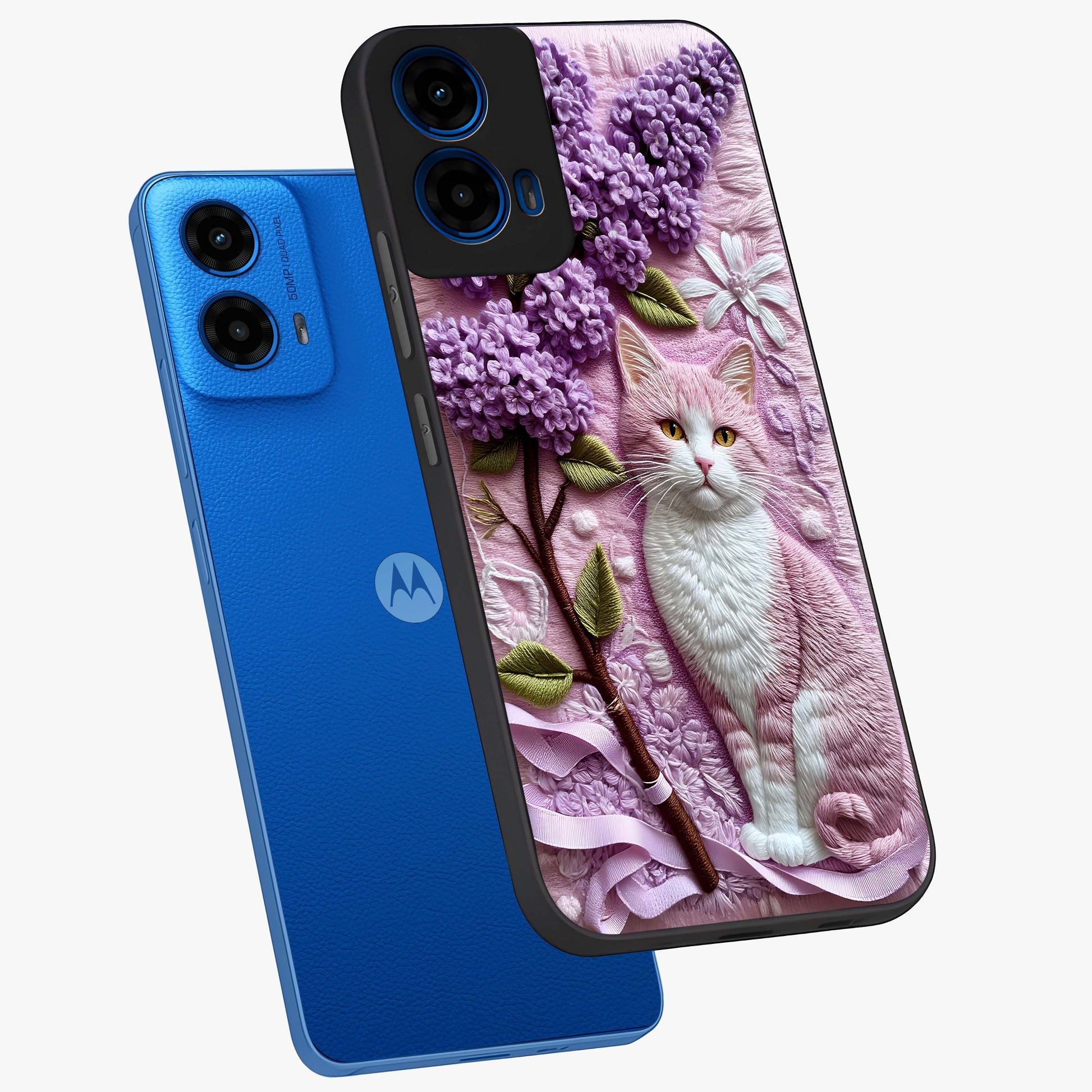 Lavender Cat Whimsy Glass Case displayed in angled mockup highlighting playful feline illustration with pastel lavender aesthetic.