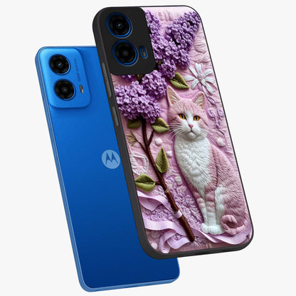 Lavender Cat Whimsy Glass Case displayed in angled mockup highlighting playful feline illustration with pastel lavender aesthetic.