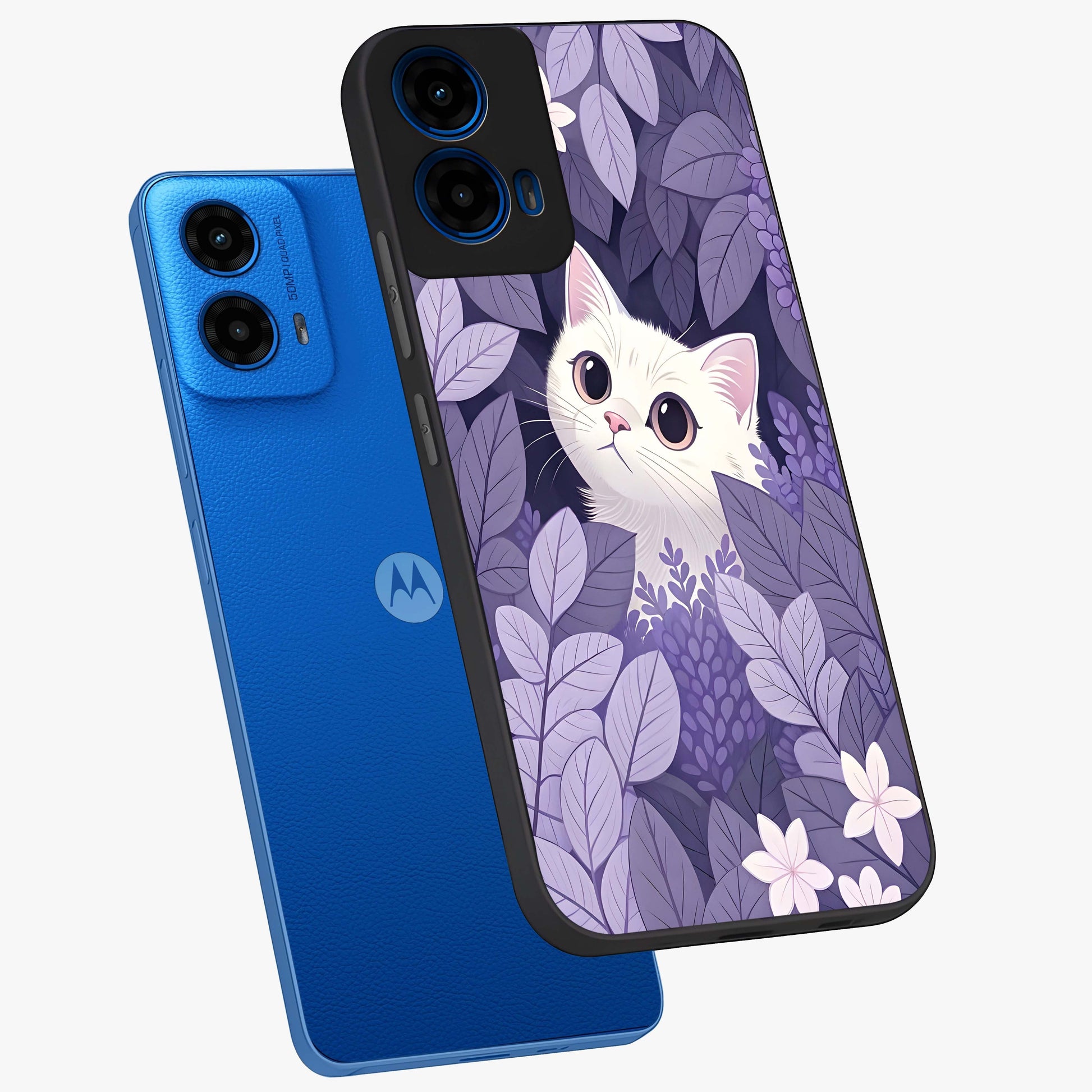 Lilac Hide Peek Cat Glass Case displayed in angled mockup highlighting playful feline illustration with lilac aesthetic design.