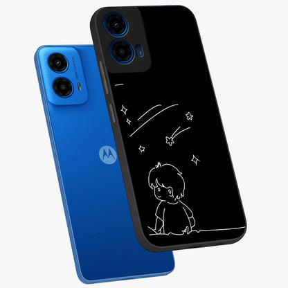 Line Art Boy With Shooting Stars Glass Case displayed in angled mockup highlighting elegant line art design with dreamy star aesthetic.