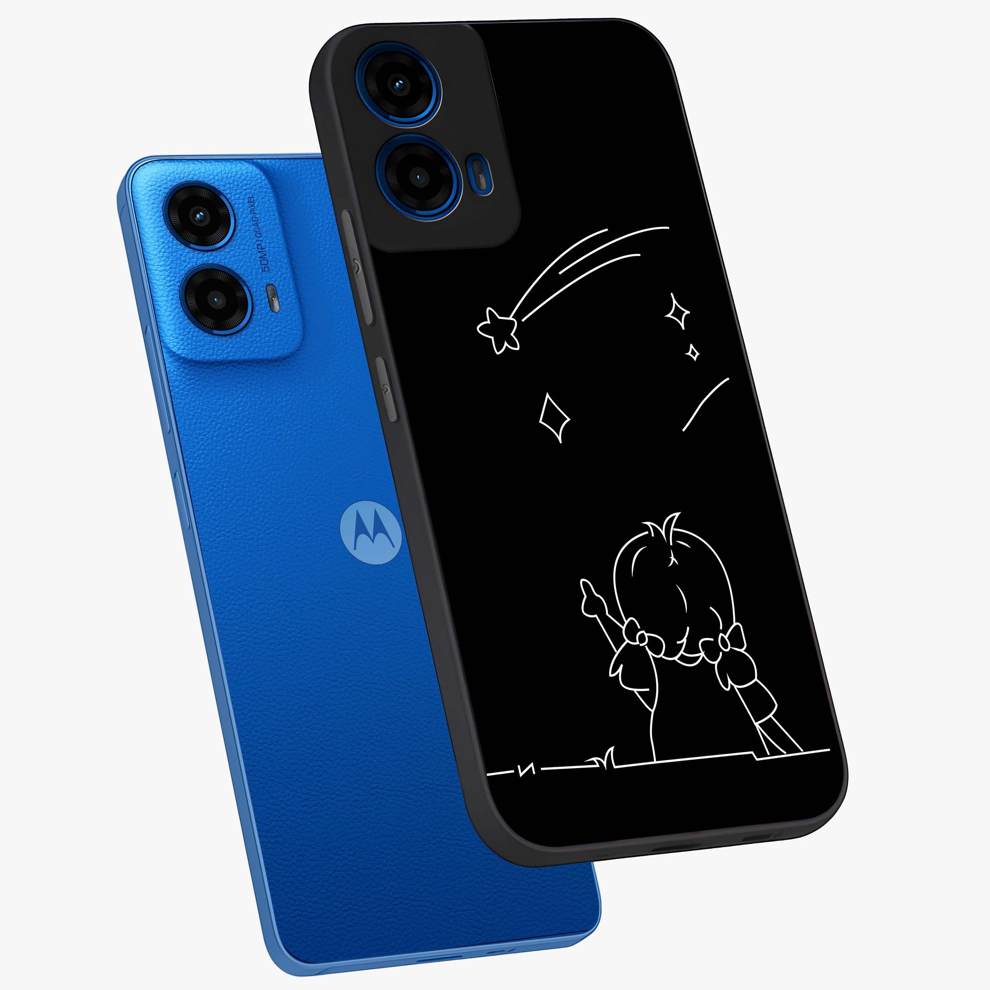 Line Art Girl With Shooting Stars Glass Case displayed in angled mockup highlighting elegant line art design with dreamy star aesthetic.