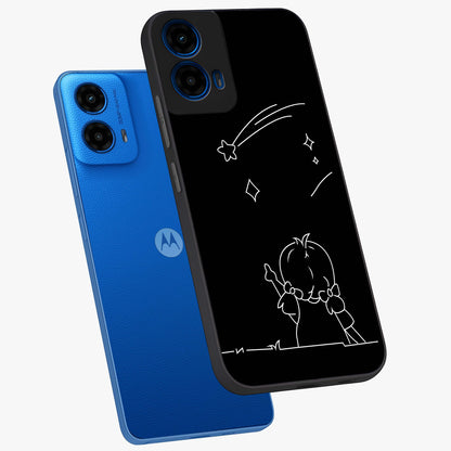 Line Art Girl With Shooting Stars Glass Case displayed in angled mockup highlighting elegant line art design with dreamy star aesthetic.
