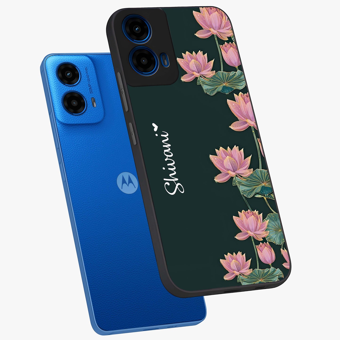 Lotus Bloom Serenity Custom Name Glass Case displayed in angled mockup highlighting graceful lotus illustration with custom name feature.