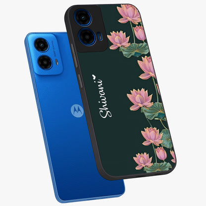 Lotus Bloom Serenity Custom Name Glass Case displayed in angled mockup highlighting graceful lotus illustration with custom name feature.