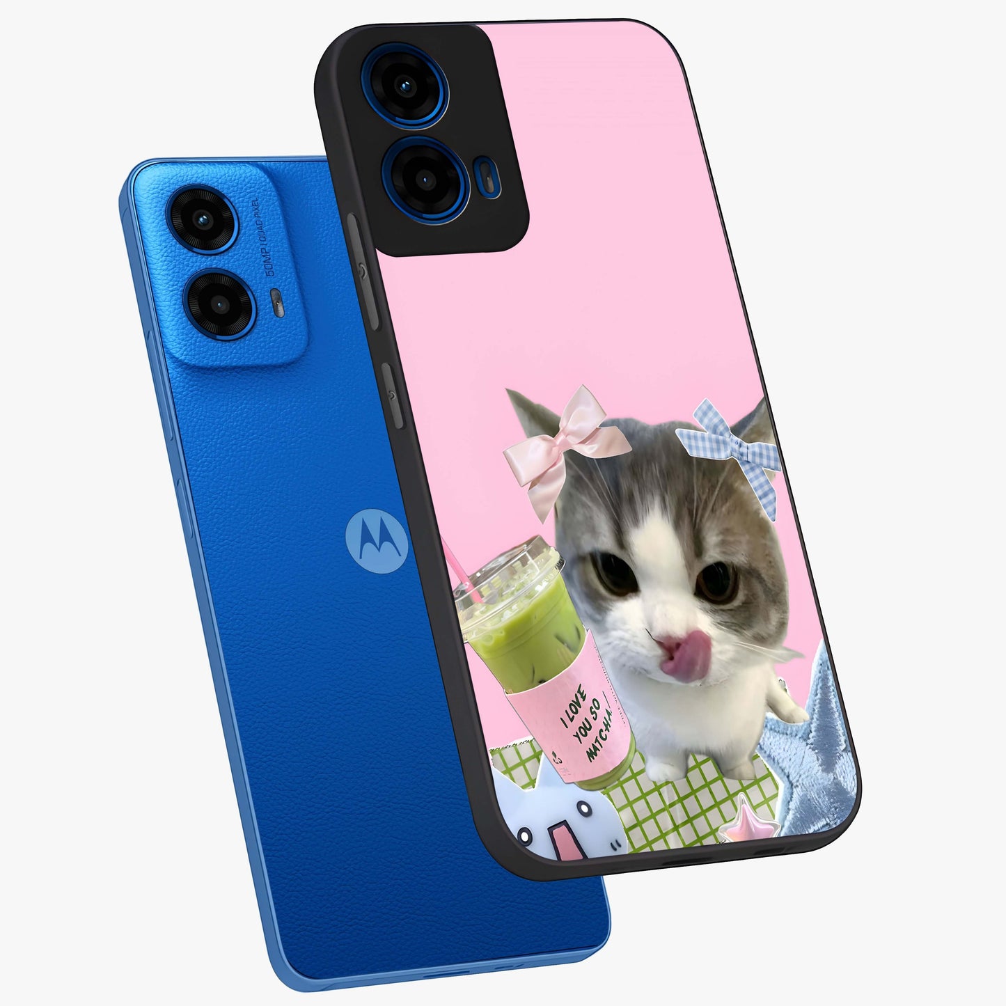 Love Matcha Cat Glass Case displayed in angled mockup highlighting playful feline illustration with cozy matcha aesthetic.