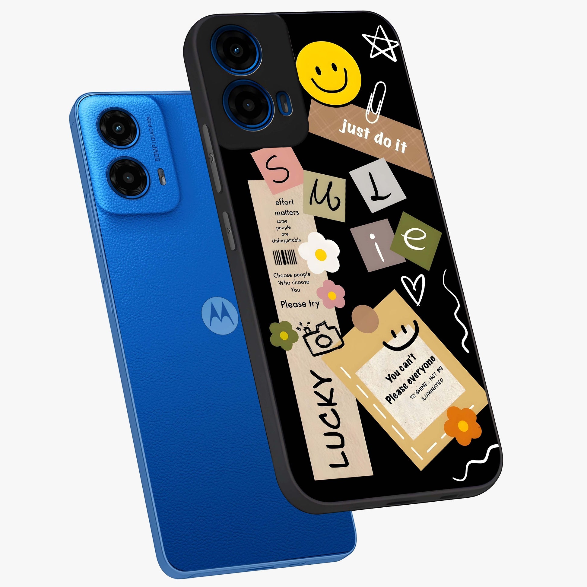 Lucky Aesthetic Collage Glass Case displayed in angled mockup highlighting stylish collage pattern with modern aesthetic vibe.