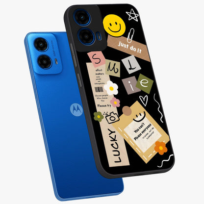 Lucky Aesthetic Collage Glass Case displayed in angled mockup highlighting stylish collage pattern with modern aesthetic vibe.
