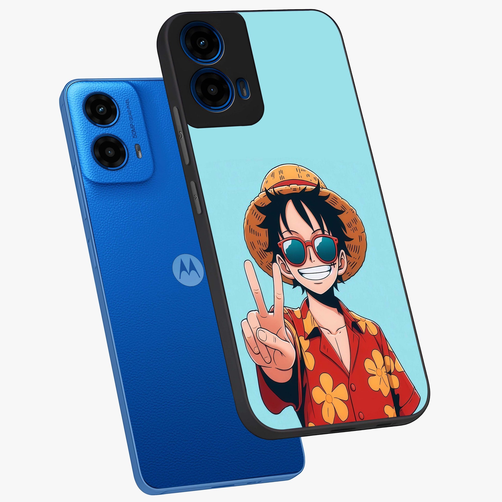 Luffy Summer Anime Vibe Glass Case displayed in angled mockup highlighting energetic anime illustration with summer vibe aesthetic.