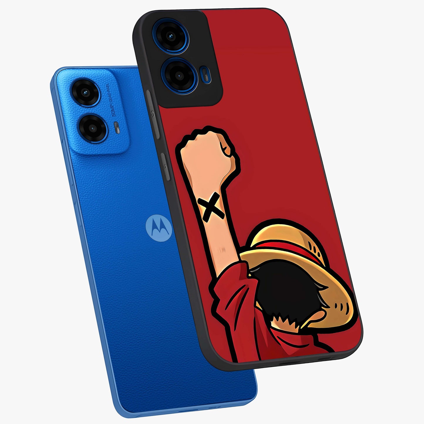 Luffy X Spirit Glass Case displayed in angled mockup highlighting powerful anime design with energetic action aesthetic.