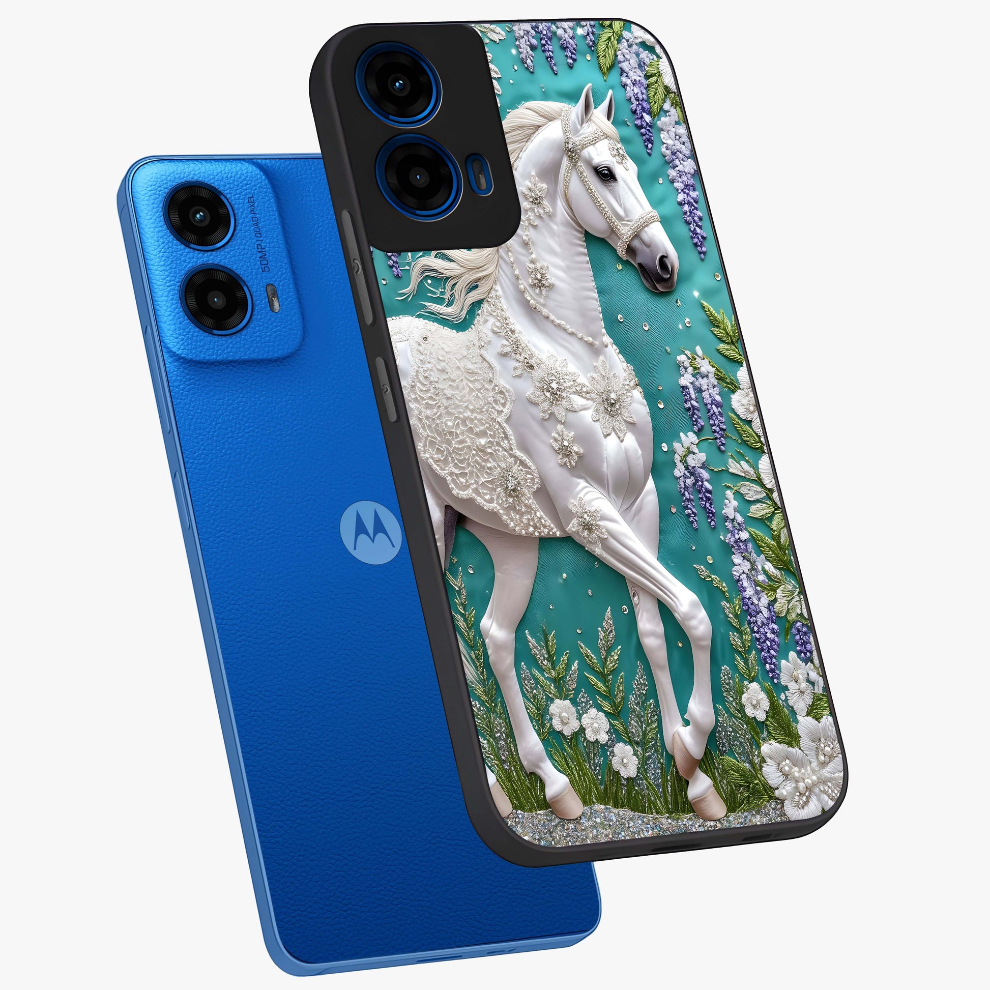 Majestic Floral Stallion Glass Case displayed in angled mockup highlighting majestic stallion illustration with elegant floral aesthetic.