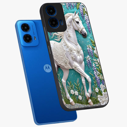 Majestic Floral Stallion Glass Case displayed in angled mockup highlighting majestic stallion illustration with elegant floral aesthetic.