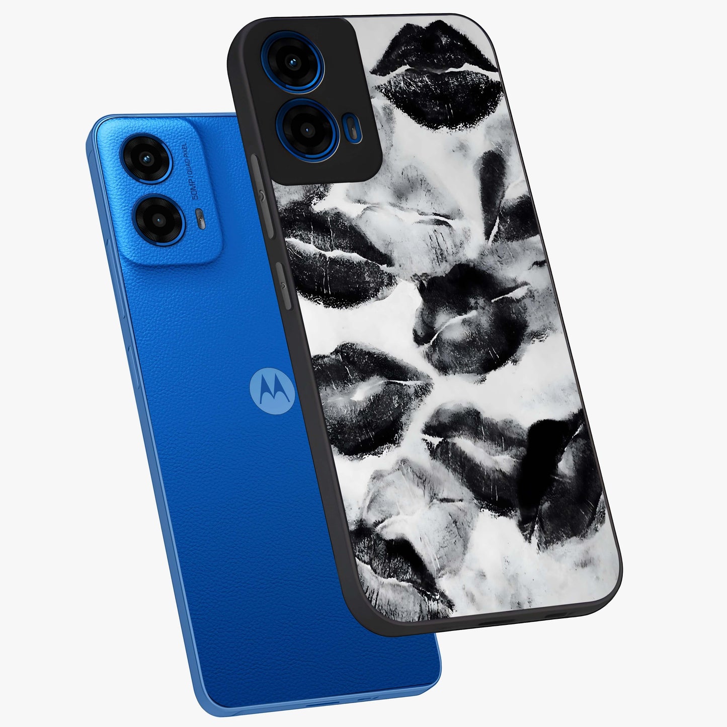 Midnight Kiss Marks Glass Case displayed in angled mockup highlighting playful romantic design with bold midnight aesthetic.
