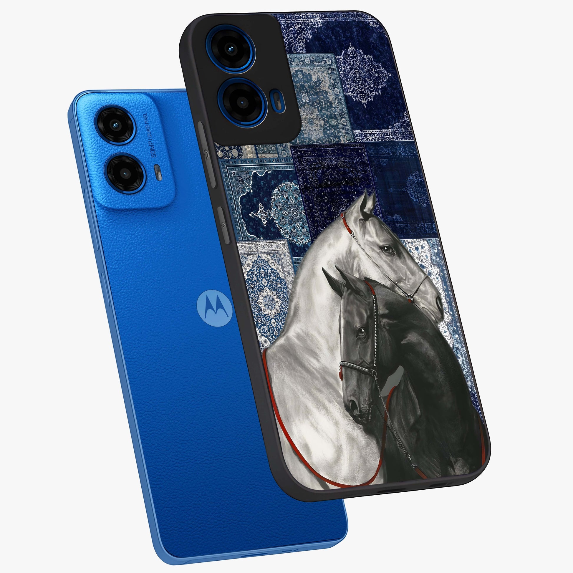 Midnight Stallion Blues Glass Case displayed in angled mockup highlighting powerful stallion illustration with deep midnight tones.