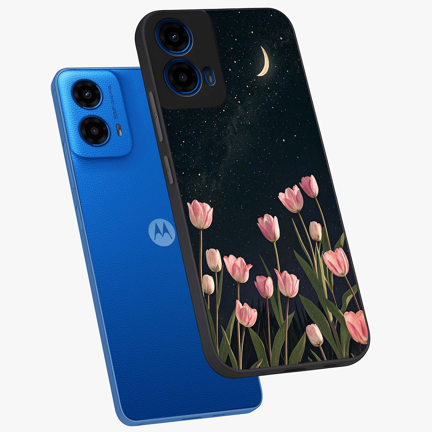 Midnight Tulip Whispers Vibe Glass Case displayed in angled mockup highlighting delicate tulip design with midnight floral aesthetic.