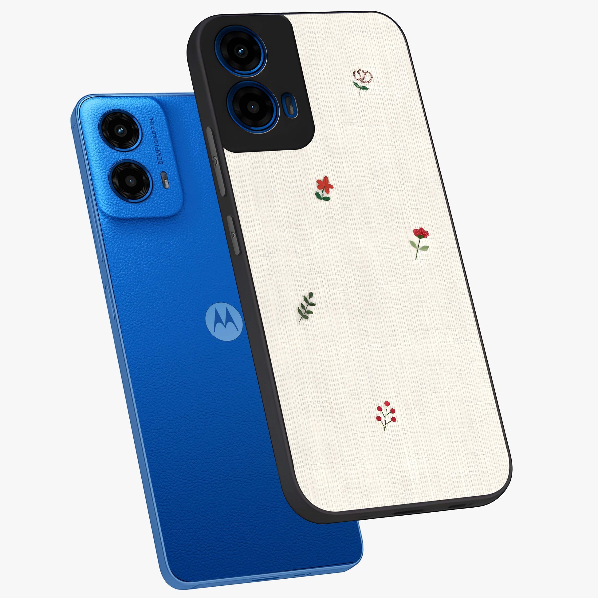 Minimalistic Blue With White Flower Pattern Glass Case displayed in angled mockup highlighting simple floral design with minimal aesthetic.