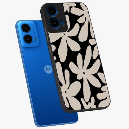 Monochrome Petal Dance Glass Case displayed in angled mockup highlighting elegant petal design with black and white aesthetic.