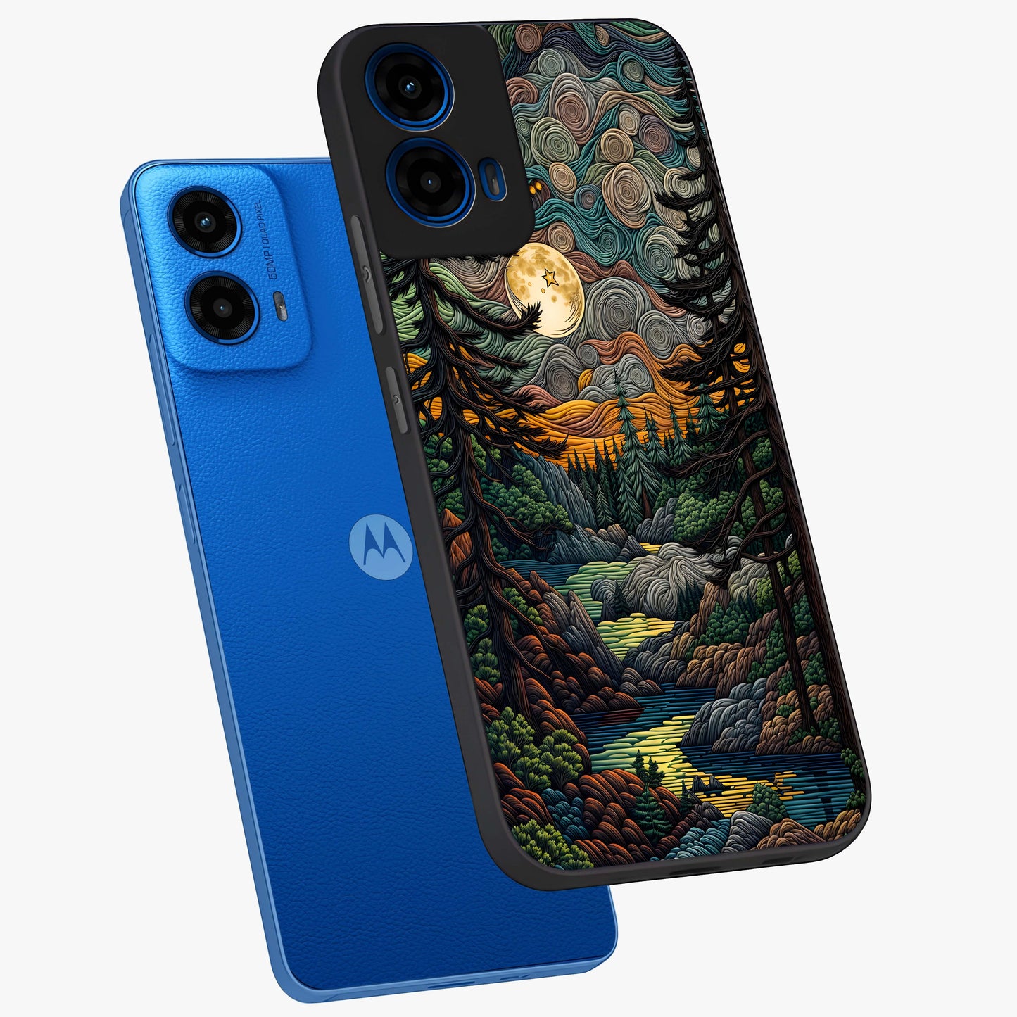 Moonlight Forest Dream Glass Case displayed in angled mockup highlighting dreamy forest design with glowing moon aesthetic.