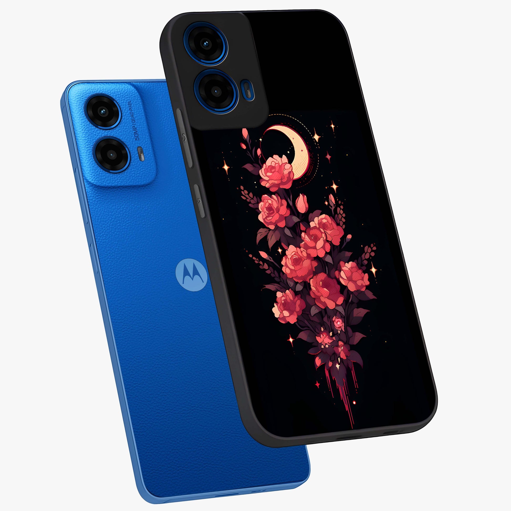 Moonlit Floral Elegance Glass Case displayed in angled mockup highlighting graceful flower design with soft moonlight aesthetic.
