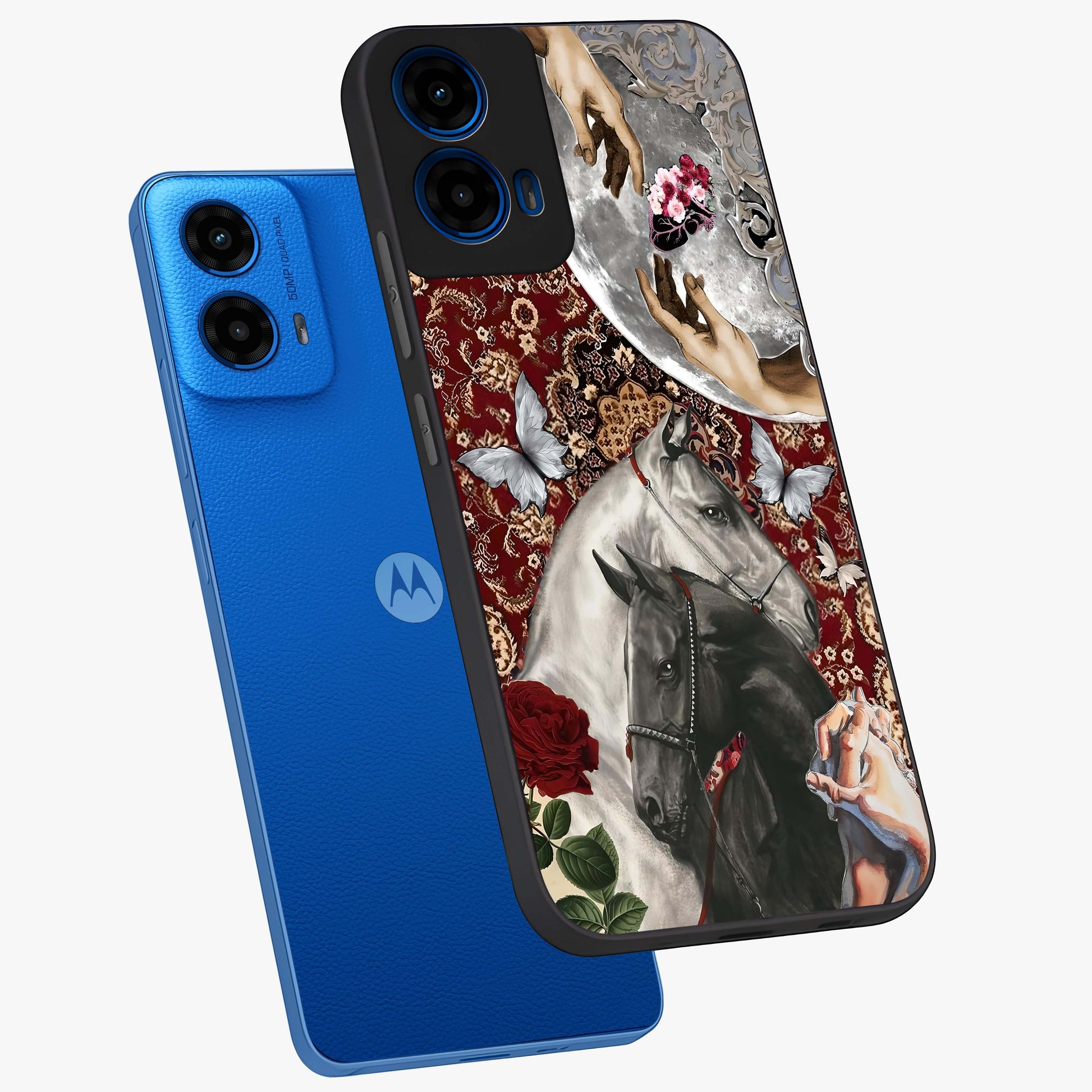 Moonlit Royal Stallion Glass Case displayed in angled mockup highlighting powerful stallion illustration with royal night aesthetic.