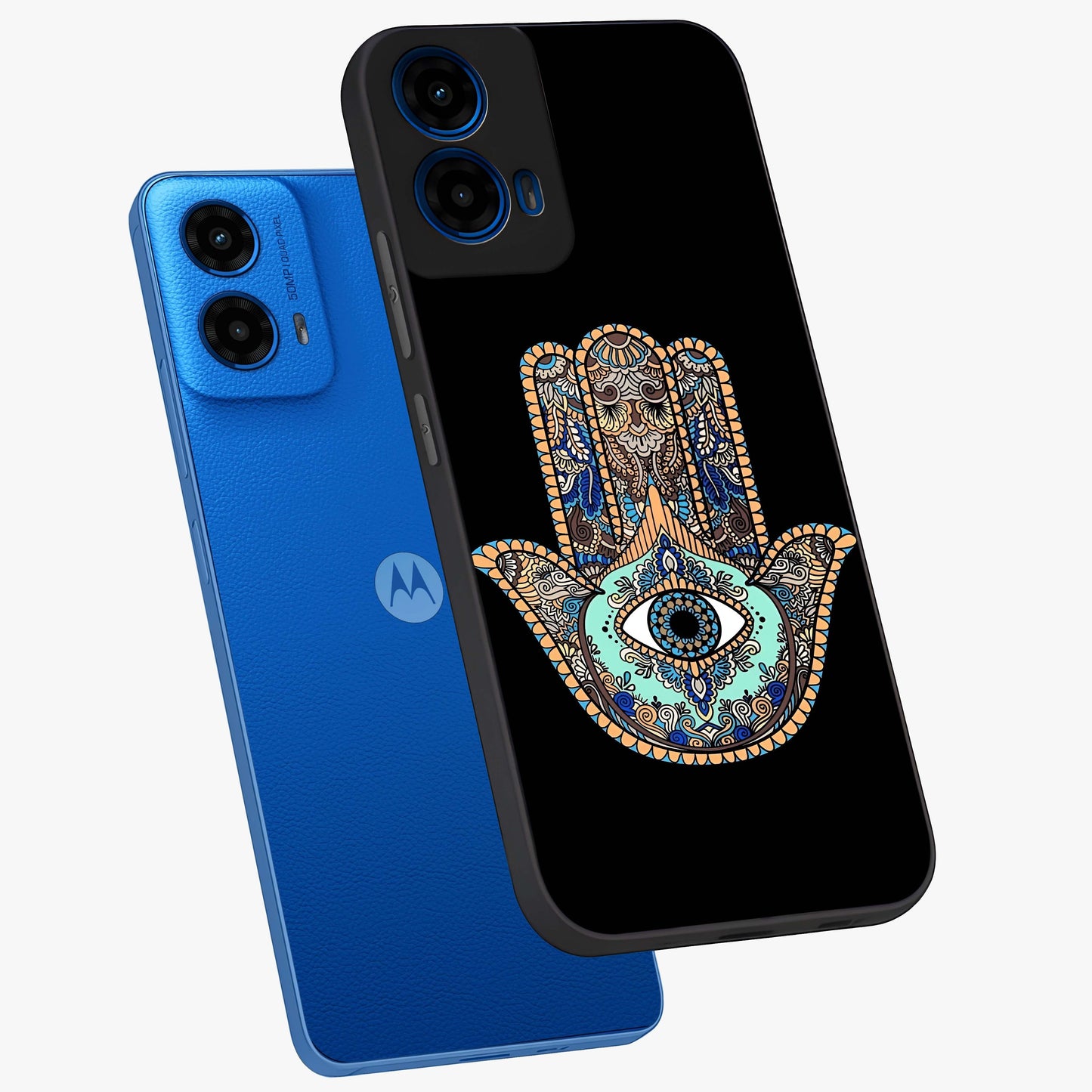 Mystic Hamsa Eye Glass Case displayed in angled mockup highlighting spiritual hamsa symbol with mystical aesthetic style.