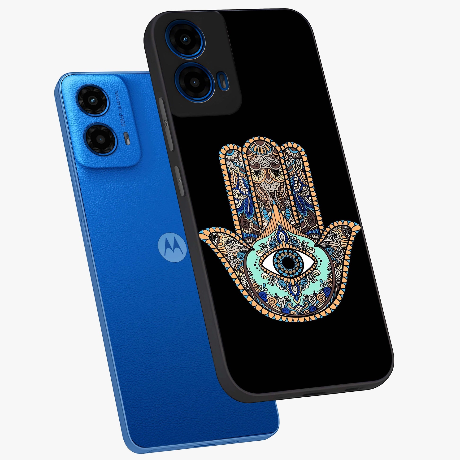 Mystic Hamsa Eye Glass Case displayed in angled mockup highlighting spiritual hamsa symbol with mystical aesthetic style.